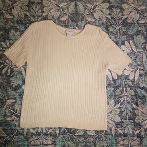 Crystal Kobe Women's Old Money Cable Knit Sweater Small Cream Short Sleeve Prep
